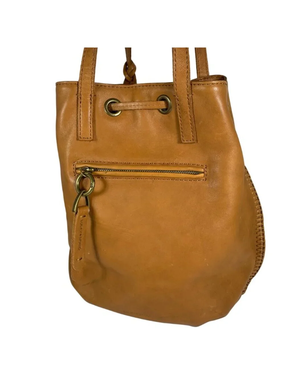 LUCKY BRAND Camel Tan Leather Drawstring Bucket Shoulder Bag Tassel Charm VTG